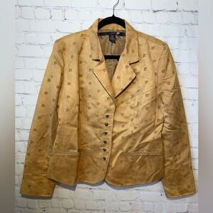 VTG Pierre Cardin size large faux suede novelty logo print blazer, camel colored